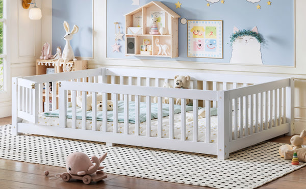 English Elm Full Size Kids Floor Bed Pine Frame with Guardrails Hinged Door Playhouse Design White W1580P462317