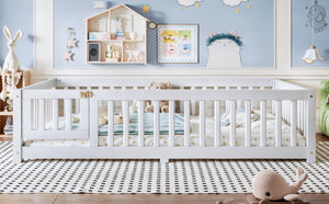 English Elm Full Size Kids Floor Bed Pine Frame with Guardrails Hinged Door Playhouse Design White W1580P462317