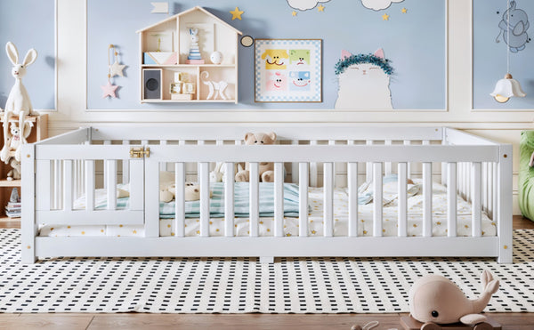 English Elm Full Size Kids Floor Bed Pine Frame with Guardrails Hinged Door Playhouse Design White W1580P462317