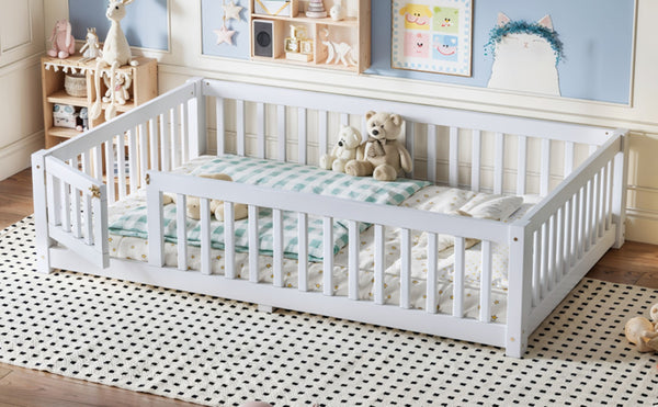 English Elm Full Size Kids Floor Bed Pine Frame with Guardrails Hinged Door Playhouse Design White W1580P462317