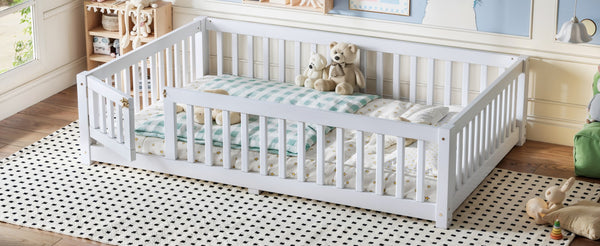 English Elm Full Size Kids Floor Bed Pine Frame with Guardrails Hinged Door Playhouse Design White W1580P462317