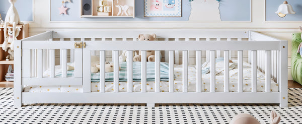 English Elm Full Size Kids Floor Bed Pine Frame with Guardrails Hinged Door Playhouse Design White W1580P462317