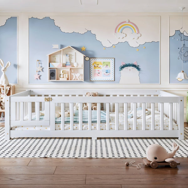 English Elm Full Size Kids Floor Bed Pine Frame with Guardrails Hinged Door Playhouse Design White W1580P462317