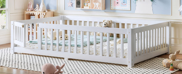 English Elm Full Size Kids Floor Bed Pine Frame with Guardrails Hinged Door Playhouse Design White W1580P462317