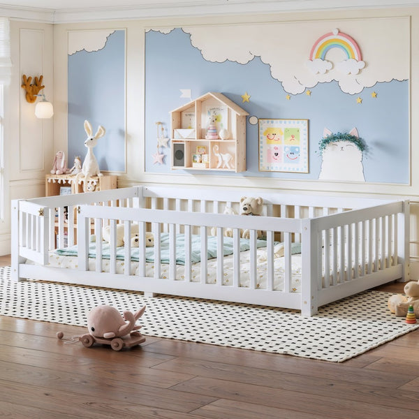 English Elm Full Size Kids Floor Bed Pine Frame with Guardrails Hinged Door Playhouse Design White W1580P462317