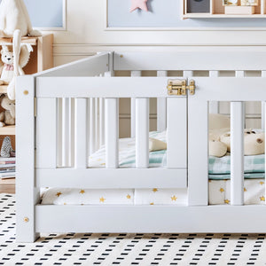 English Elm Full Size Kids Floor Bed Pine Frame with Guardrails Hinged Door Playhouse Design White W1580P462317