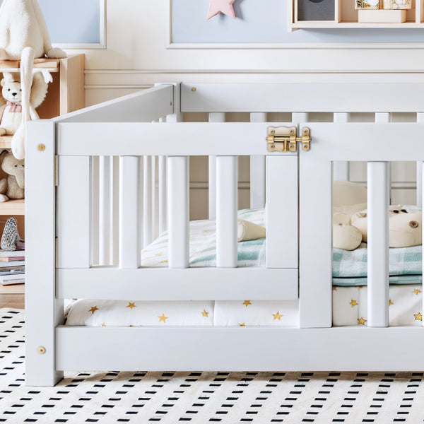 English Elm Full Size Kids Floor Bed Pine Frame with Guardrails Hinged Door Playhouse Design White W1580P462317