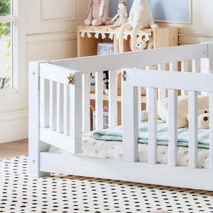 English Elm Full Size Kids Floor Bed Pine Frame with Guardrails Hinged Door Playhouse Design White W1580P462317