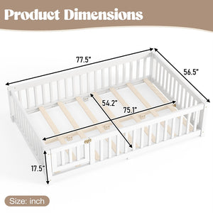 English Elm Full Size Kids Floor Bed Pine Frame with Guardrails Hinged Door Playhouse Design White W1580P462317