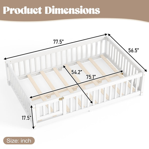 English Elm Full Size Kids Floor Bed Pine Frame with Guardrails Hinged Door Playhouse Design White W1580P462317