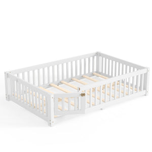 English Elm Full Size Kids Floor Bed Pine Frame with Guardrails Hinged Door Playhouse Design White W1580P462317