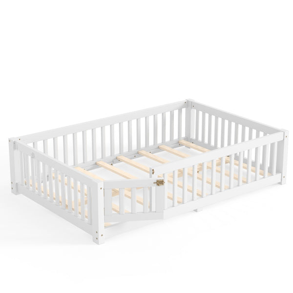 English Elm Full Size Kids Floor Bed Pine Frame with Guardrails Hinged Door Playhouse Design White W1580P462317