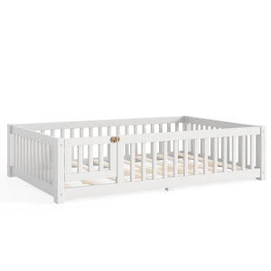 English Elm Full Size Kids Floor Bed Pine Frame with Guardrails Hinged Door Playhouse Design White W1580P462317