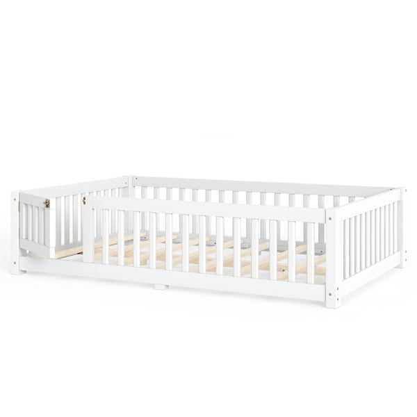 English Elm Full Size Kids Floor Bed Pine Frame with Guardrails Hinged Door Playhouse Design White W1580P462317