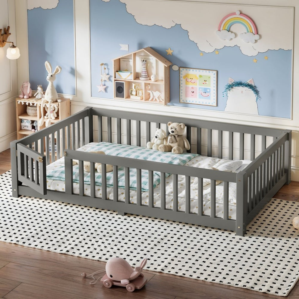 English Elm Full Size Kids Floor Bed Pine Frame with Guardrails Hinged Door Playhouse Design Gray W1580P462318