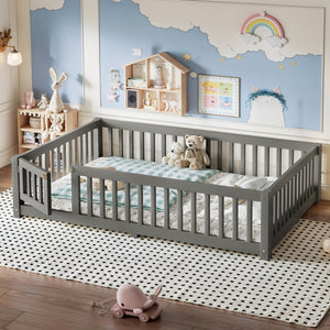 English Elm Full Size Kids Floor Bed Pine Frame with Guardrails Hinged Door Playhouse Design Gray W1580P462318