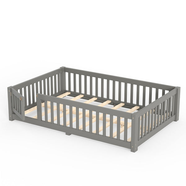 English Elm Full Size Kids Floor Bed Pine Frame with Guardrails Hinged Door Playhouse Design Gray W1580P462318