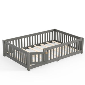 English Elm Full Size Kids Floor Bed Pine Frame with Guardrails Hinged Door Playhouse Design Gray W1580P462318