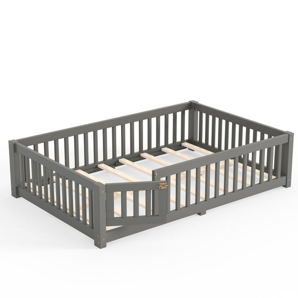 English Elm Full Size Kids Floor Bed Pine Frame with Guardrails Hinged Door Playhouse Design Gray W1580P462318