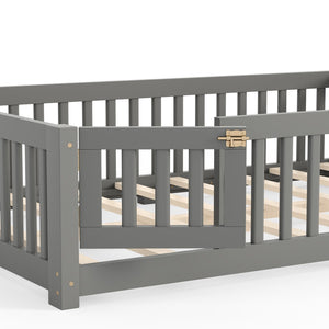 English Elm Full Size Kids Floor Bed Pine Frame with Guardrails Hinged Door Playhouse Design Gray W1580P462318