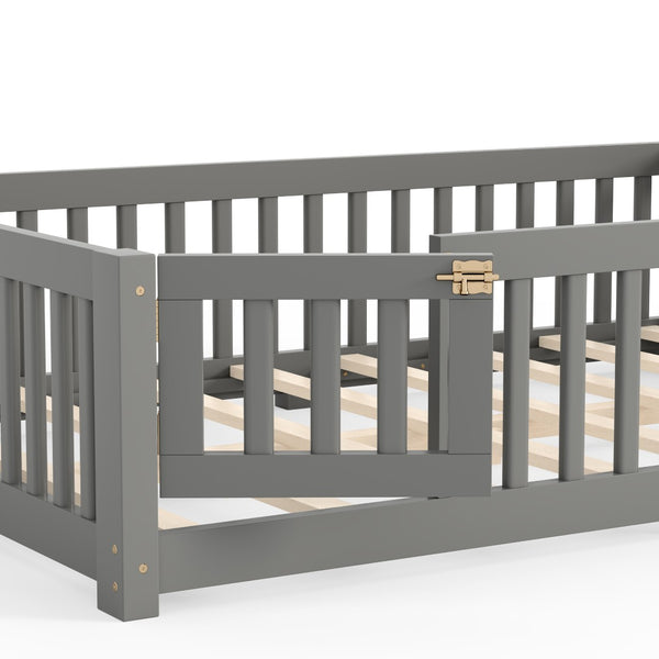 English Elm Full Size Kids Floor Bed Pine Frame with Guardrails Hinged Door Playhouse Design Gray W1580P462318