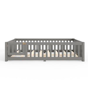 English Elm Full Size Kids Floor Bed Pine Frame with Guardrails Hinged Door Playhouse Design Gray W1580P462318