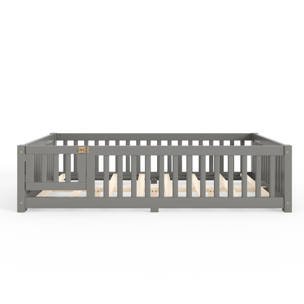 English Elm Full Size Kids Floor Bed Pine Frame with Guardrails Hinged Door Playhouse Design Gray W1580P462318