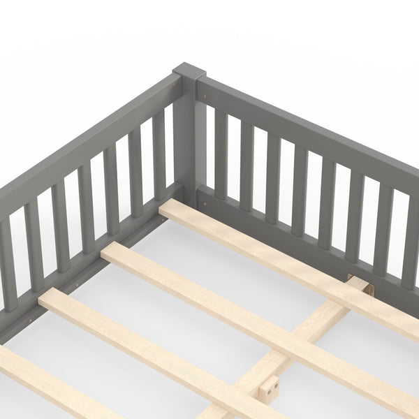 English Elm Full Size Kids Floor Bed Pine Frame with Guardrails Hinged Door Playhouse Design Gray W1580P462318