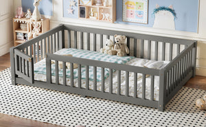 English Elm Full Size Kids Floor Bed Pine Frame with Guardrails Hinged Door Playhouse Design Gray W1580P462318