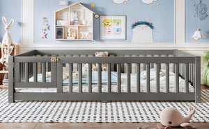 English Elm Full Size Kids Floor Bed Pine Frame with Guardrails Hinged Door Playhouse Design Gray W1580P462318