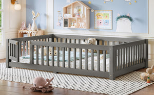 English Elm Full Size Kids Floor Bed Pine Frame with Guardrails Hinged Door Playhouse Design Gray W1580P462318