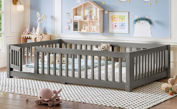 English Elm Full Size Kids Floor Bed Pine Frame with Guardrails Hinged Door Playhouse Design Gray W1580P462318