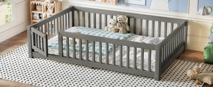 English Elm Full Size Kids Floor Bed Pine Frame with Guardrails Hinged Door Playhouse Design Gray W1580P462318