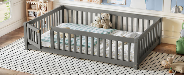 English Elm Full Size Kids Floor Bed Pine Frame with Guardrails Hinged Door Playhouse Design Gray W1580P462318