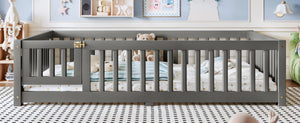 English Elm Full Size Kids Floor Bed Pine Frame with Guardrails Hinged Door Playhouse Design Gray W1580P462318