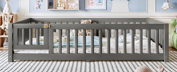 English Elm Full Size Kids Floor Bed Pine Frame with Guardrails Hinged Door Playhouse Design Gray W1580P462318