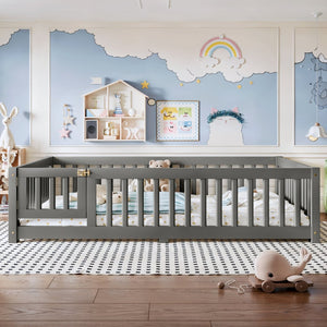 English Elm Full Size Kids Floor Bed Pine Frame with Guardrails Hinged Door Playhouse Design Gray W1580P462318