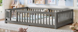 English Elm Full Size Kids Floor Bed Pine Frame with Guardrails Hinged Door Playhouse Design Gray W1580P462318