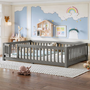 English Elm Full Size Kids Floor Bed Pine Frame with Guardrails Hinged Door Playhouse Design Gray W1580P462318
