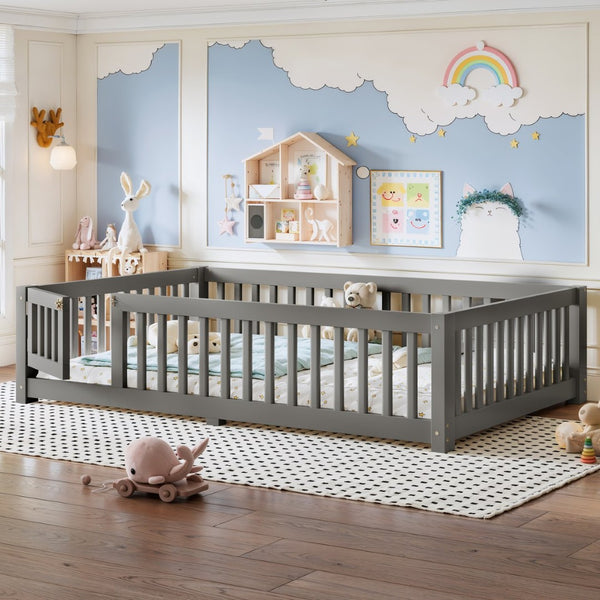 English Elm Full Size Kids Floor Bed Pine Frame with Guardrails Hinged Door Playhouse Design Gray W1580P462318