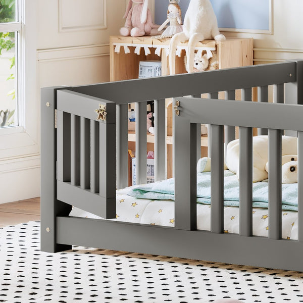English Elm Full Size Kids Floor Bed Pine Frame with Guardrails Hinged Door Playhouse Design Gray W1580P462318