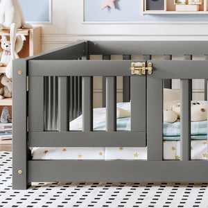 English Elm Full Size Kids Floor Bed Pine Frame with Guardrails Hinged Door Playhouse Design Gray W1580P462318