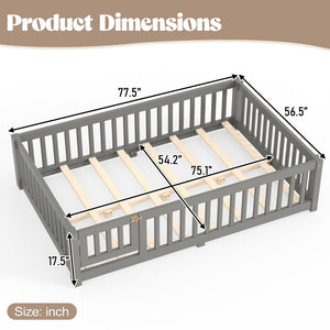 English Elm Full Size Kids Floor Bed Pine Frame with Guardrails Hinged Door Playhouse Design Gray W1580P462318