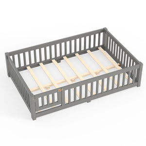 English Elm Full Size Kids Floor Bed Pine Frame with Guardrails Hinged Door Playhouse Design Gray W1580P462318