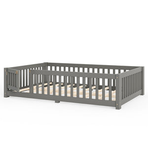 English Elm Full Size Kids Floor Bed Pine Frame with Guardrails Hinged Door Playhouse Design Gray W1580P462318
