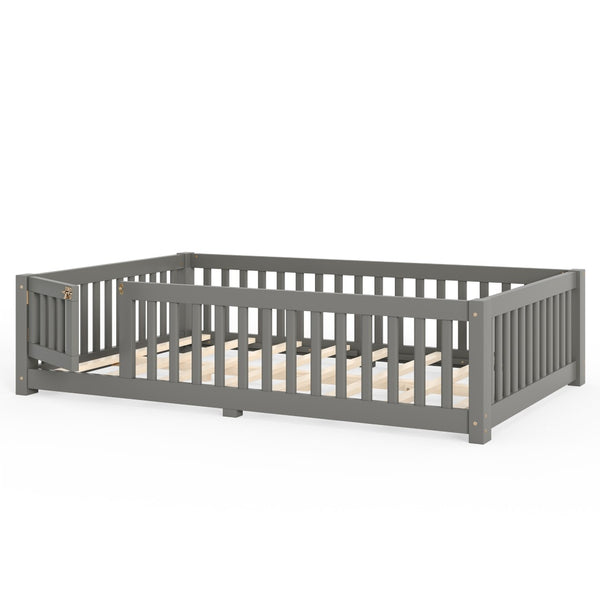 English Elm Full Size Kids Floor Bed Pine Frame with Guardrails Hinged Door Playhouse Design Gray W1580P462318