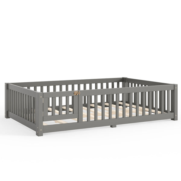 English Elm Full Size Kids Floor Bed Pine Frame with Guardrails Hinged Door Playhouse Design Gray W1580P462318