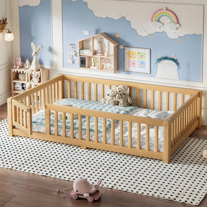 English Elm Full Size Kids Floor Bed Pine Frame with Guardrails Hinged Door Playhouse Design Natural W1580P462323