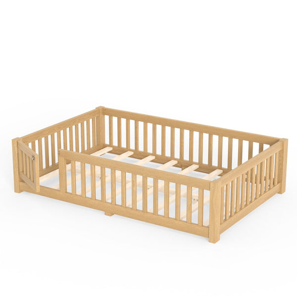 English Elm Full Size Kids Floor Bed Pine Frame with Guardrails Hinged Door Playhouse Design Natural W1580P462323