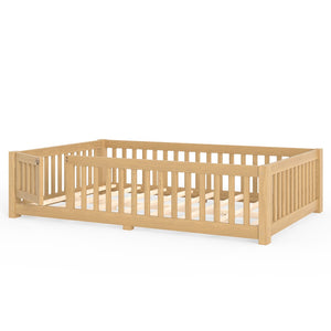 English Elm Full Size Kids Floor Bed Pine Frame with Guardrails Hinged Door Playhouse Design Natural W1580P462323